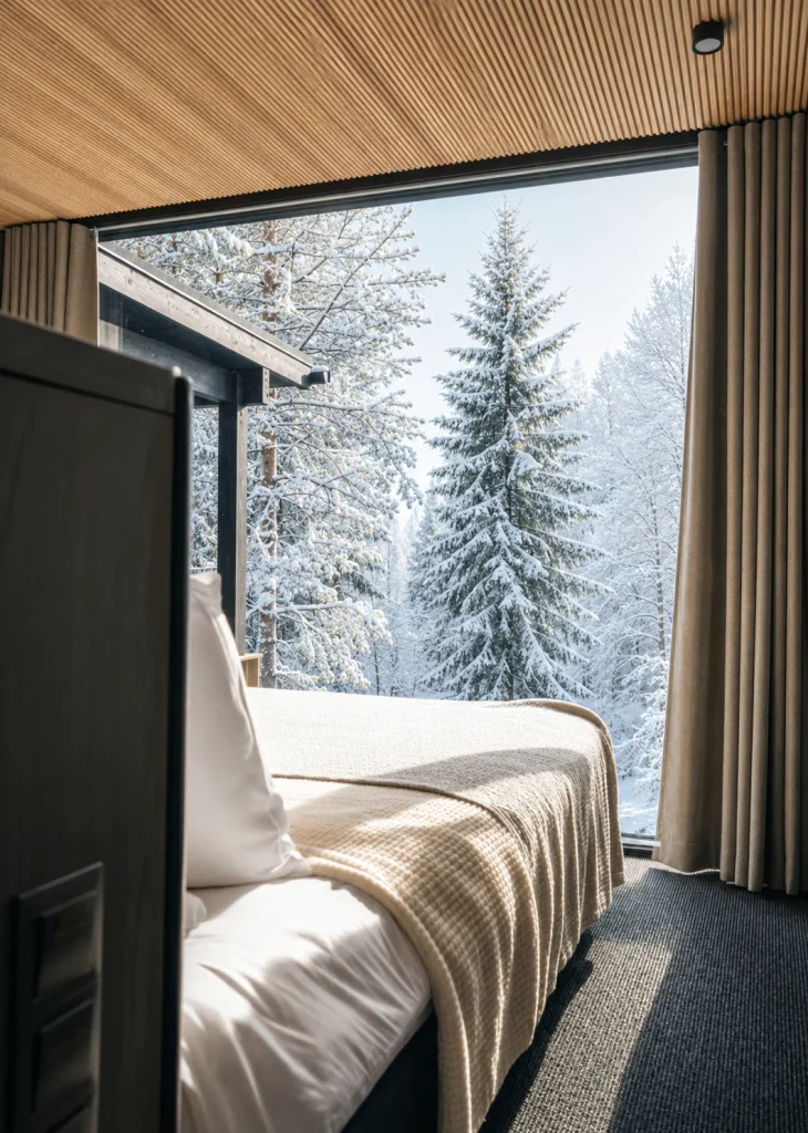 Superior Villa bedroom with a floor-to-ceiling window overlooking the snowy forest.