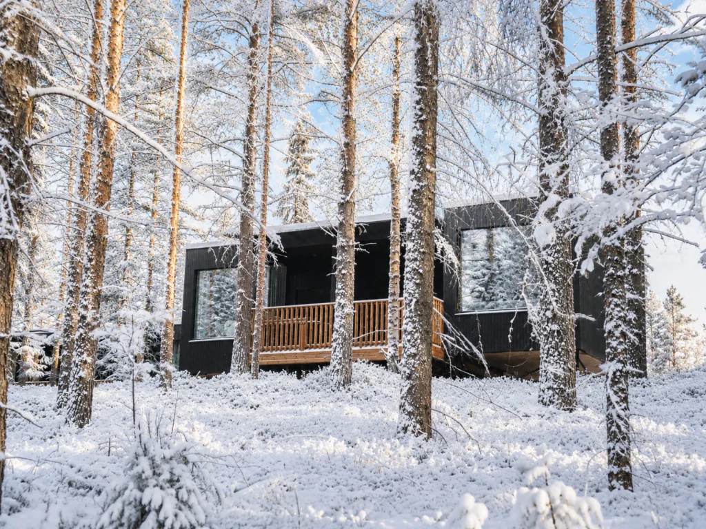 Superior Villa exterior and private terrace seen through snow-covered pine trees.